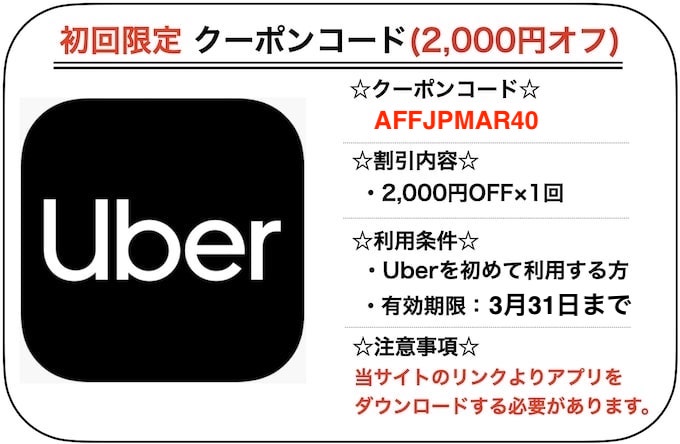 Uber Taxi（ウーバータクシー）初回クーポン【23年3月版】