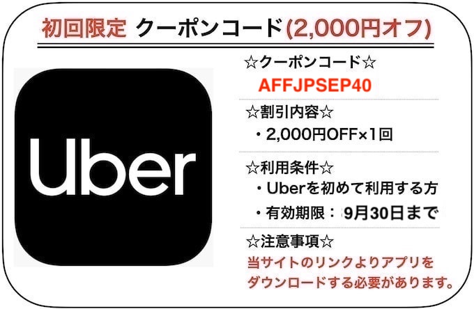 Uber Taxi（ウーバータクシー）初回クーポン【23年9月版】